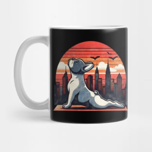 French bulldog, yoga style, silhouette frenchie on watercolor sunset and city Mug